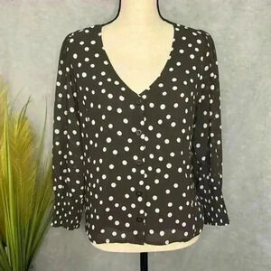Madewell Black & White Polka V-Neck Long Smocked Sleeve Pullover Blouse Size 4